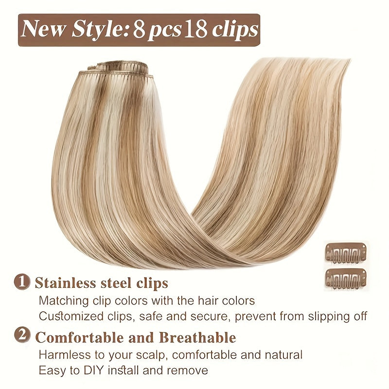 #12/613 Straight Clip In Hair Extensions 8Pcs With 18 Clips Remy Hair Extension 100% Real Human Hair Clip In Golden Brown Highlighted Bleach Blonde For Women Daily Use Real Easy Wear To Go Hair Clips Hair Accessories