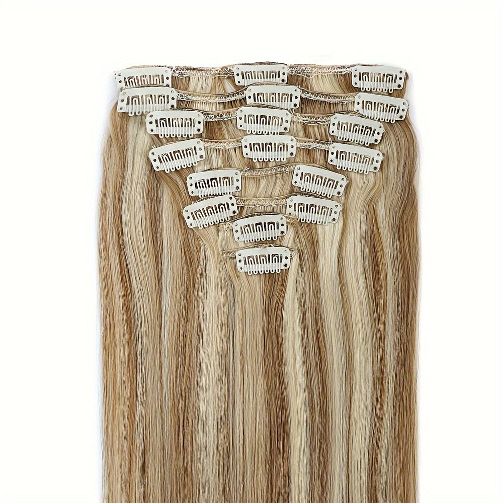#12/613 Straight Clip In Hair Extensions 100% Real Human Hair 8Pcs With 18 Clips Remy Hair Extension Clip In Golden Brown Highlighted Bleach Blonde For Women Daily Use Real Easy Wear To Go Hair Clips Hair Accessories