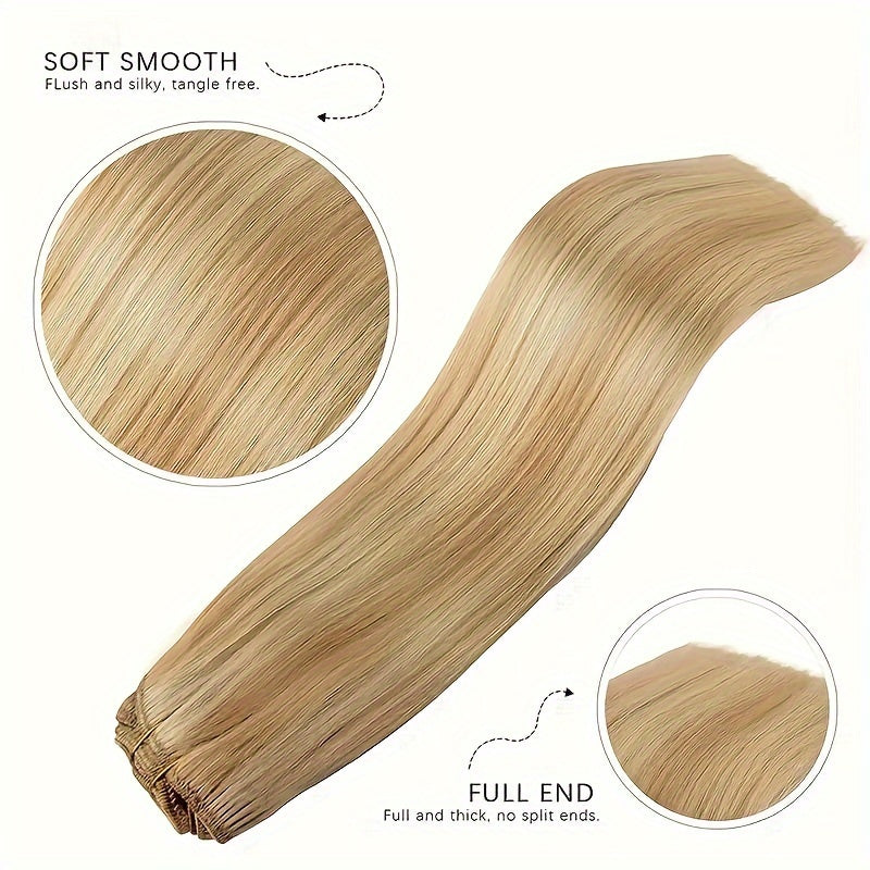 #12/613 Straight Clip In Hair Extensions 100% Real Human Hair 8Pcs With 18 Clips Remy Hair Extension Clip In Golden Brown Highlighted Bleach Blonde For Women Daily Use Real Easy Wear To Go Hair Clips Hair Accessories