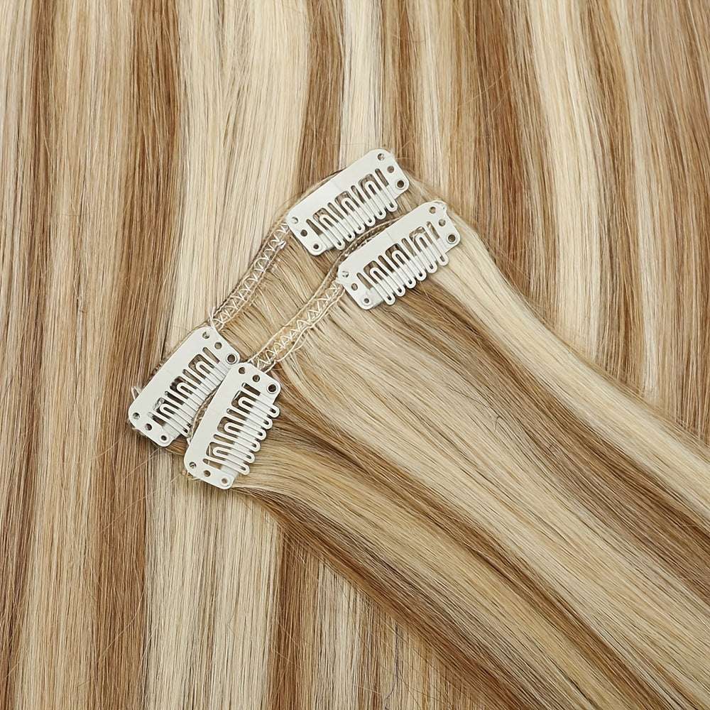 #12/613 Straight Clip In Hair Extensions 8Pcs With 18 Clips Remy Hair Extension 100% Real Human Hair Clip In Golden Brown Highlighted Bleach Blonde For Women Daily Use Real Easy Wear To Go Hair Clips Hair Accessories