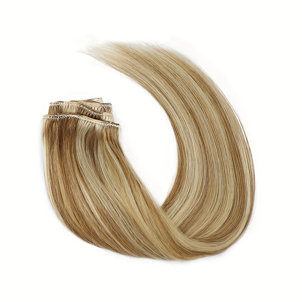 #12/613 Straight Clip In Hair Extensions 100% Real Human Hair 8Pcs With 18 Clips Remy Hair Extension Clip In Golden Brown Highlighted Bleach Blonde For Women Daily Use Real Easy Wear To Go Hair Clips Hair Accessories