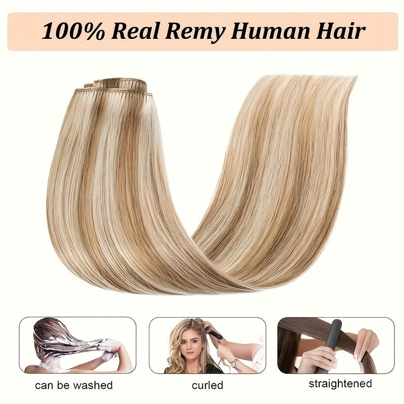 #12/613 Straight Clip In Hair Extensions 100% Real Human Hair 8Pcs With 18 Clips Remy Hair Extension Clip In Golden Brown Highlighted Bleach Blonde For Women Daily Use Real Easy Wear To Go Hair Clips Hair Accessories