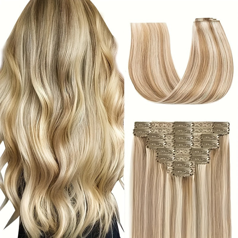 #12/613 Straight Clip In Hair Extensions 100% Real Human Hair 8Pcs With 18 Clips Remy Hair Extension Clip In Golden Brown Highlighted Bleach Blonde For Women Daily Use Real Easy Wear To Go Hair Clips Hair Accessories
