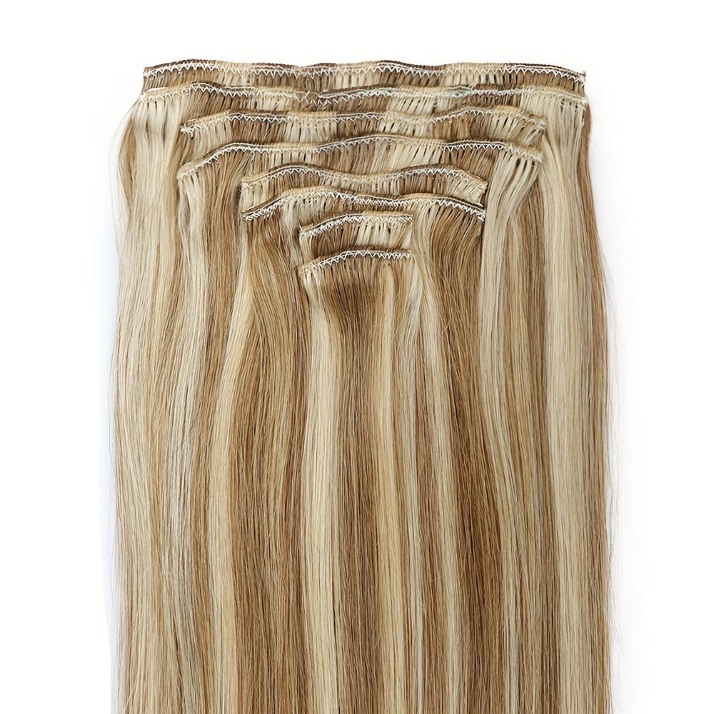 #12/613 Straight Clip In Hair Extensions 100% Real Human Hair 8Pcs With 18 Clips Remy Hair Extension Clip In Golden Brown Highlighted Bleach Blonde For Women Daily Use Real Easy Wear To Go Hair Clips Hair Accessories
