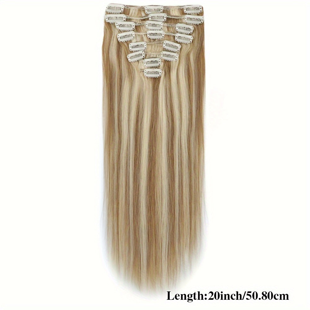 #12/613 Straight Clip In Hair Extensions 8Pcs With 18 Clips Remy Hair Extension 100% Real Human Hair Clip In Golden Brown Highlighted Bleach Blonde For Women Daily Use Real Easy Wear To Go Hair Clips Hair Accessories