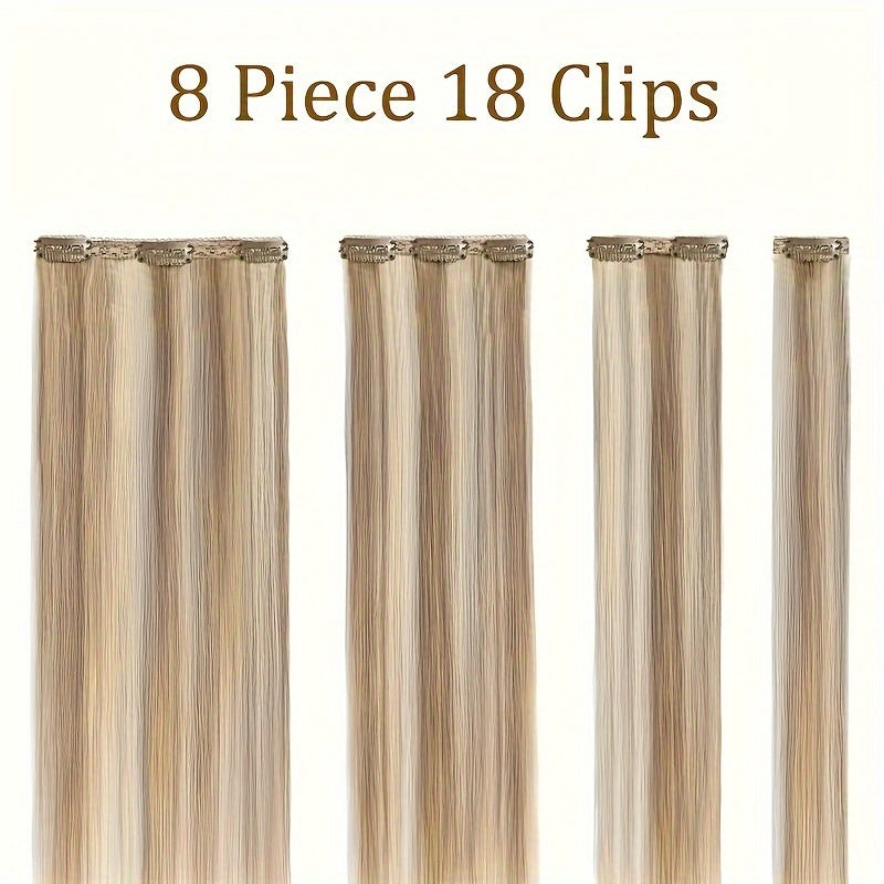 #12/613 Straight Clip In Hair Extensions 8Pcs With 18 Clips Remy Hair Extension 100% Real Human Hair Clip In Golden Brown Highlighted Bleach Blonde For Women Daily Use Real Easy Wear To Go Hair Clips Hair Accessories