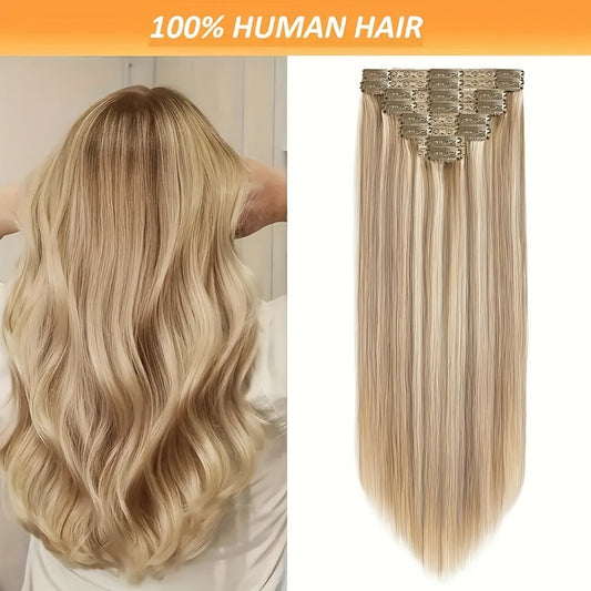 #12/613 Straight Clip In Hair Extensions 100% Real Human Hair 8Pcs With 18 Clips Remy Hair Extension Clip In Golden Brown Highlighted Bleach Blonde For Women Daily Use Real Easy Wear To Go Hair Clips Hair Accessories