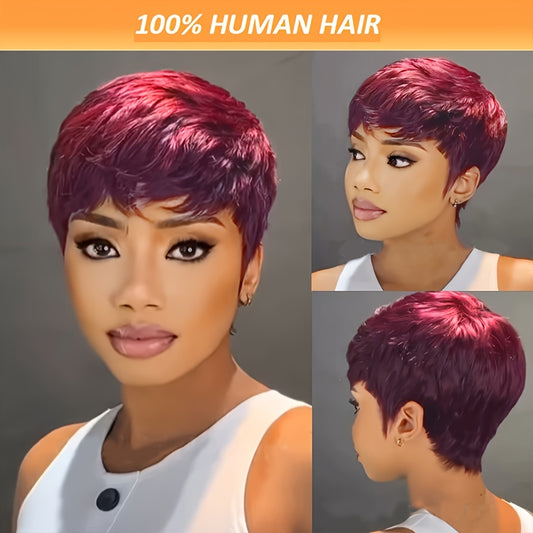 "Seamless Fit" Chic Pixie 4-Inch 99J Brazilian Remy Human Hair Wigs for Women Sleek Straight Wigs with Bangs, 180% Density, Glueless Rose Cap, Full Machine Made Non Lace, Durable for Daily Wear & Party Use & Halloween