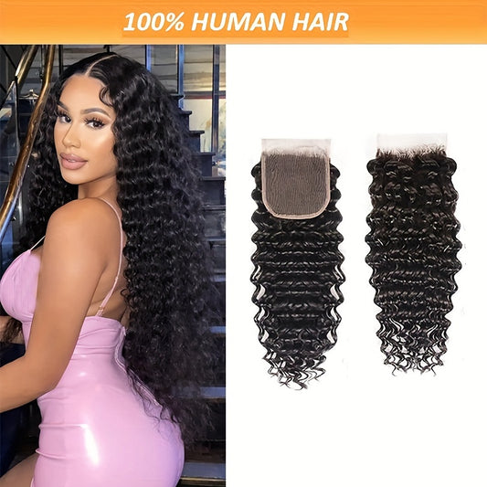 Deep Wave Lace Closure 4x4 - 100% Human Hair Extensions for Women, Natural Black, Suitable for All, 12-20 Inch