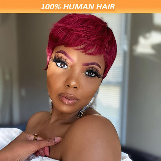 "Seamless Fit" Chic Pixie 4-Inch 99J Brazilian Remy Human Hair Wigs for Women Sleek Straight Wigs with Bangs, 180% Density, Glueless Rose Cap, Full Machine Made Non Lace, Durable for Daily Wear & Party Use & Halloween