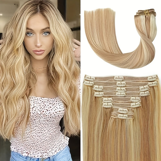 #12/613 8pcs Luxe Remy Human Hair Extensions Set - 100% Real, Silky Straight, Light Brown to Blonde Ombre, Easy Clip-In, Full Head Coverage