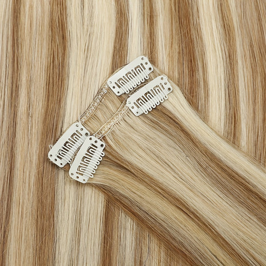 #12/613 Straight Clip In Hair Extensions 8Pcs With 18 Clips Remy Hair Extension 100% Real Human Hair Clip In Golden Brown Highlighted Bleach Blonde For Women Daily Use Real Easy Wear To Go Hair Clips Hair Accessories