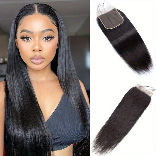 [Pre Plucked Natural Black Extensions] Straight Lace Closure Human Hair 4x4 Free Part Closure Human Hair 100% Human Hair Extensions For Women Pre Plucked Natural Black