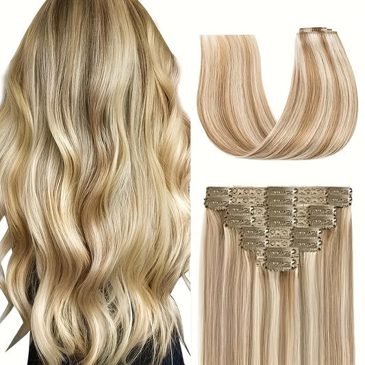 #12/613 Straight Clip In Hair Extensions 100% Real Human Hair 8Pcs With 18 Clips Remy Hair Extension Clip In Golden Brown Highlighted Bleach Blonde For Women Daily Use Real Easy Wear To Go Hair Clips Hair Accessories