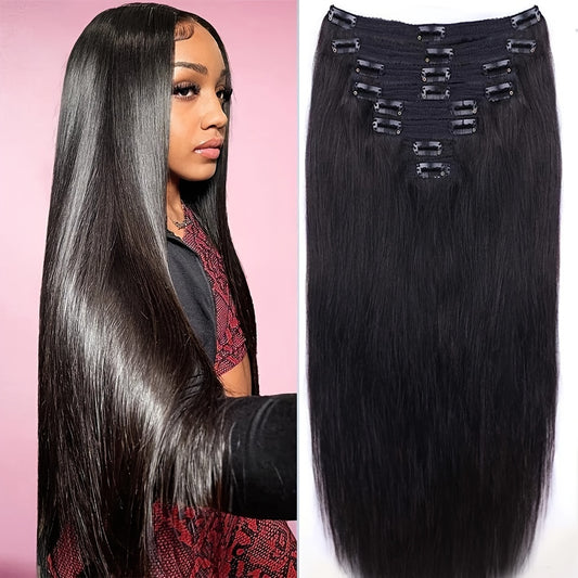 #1 Straight Clip In Human Hair Extensions Glueless Wig 100% Human Hair Straight Remy Human Hair 120g 8 Pcs 18 Clips