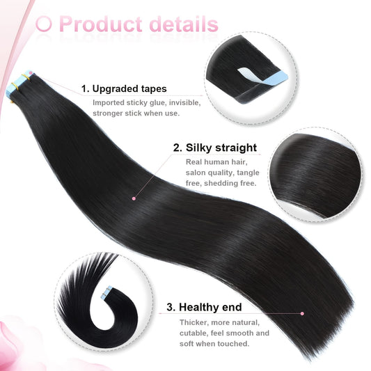 #1 Jet Black Color Tape In Hair Extensions Human Hair Silky Straight & Smooth Human Hair Seamless Skin Hair Curtains With 20pcs/pack