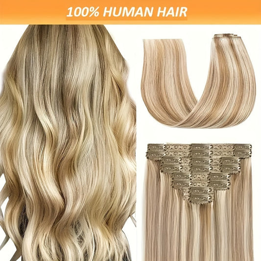 #12/613 Straight Clip In Hair Extensions 8Pcs With 18 Clips Remy Hair Extension 100% Real Human Hair Clip In Golden Brown Highlighted Bleach Blonde For Women Daily Use Real Easy Wear To Go Hair Clips Hair Accessories